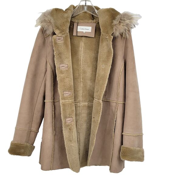 Calvin Klein Womens Faux Suede Coat Jacket Size Medium Tan Hood Raccoon Fur Trim - Picture 2 of 8